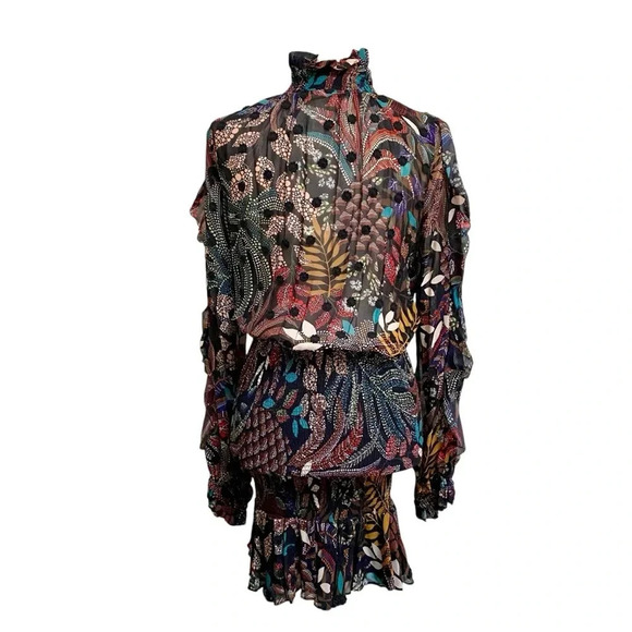 FARM Rio Delicate Forest Smocked Mini Dress Small Floral Embroidered Boho Chic - Picture 11 of 16